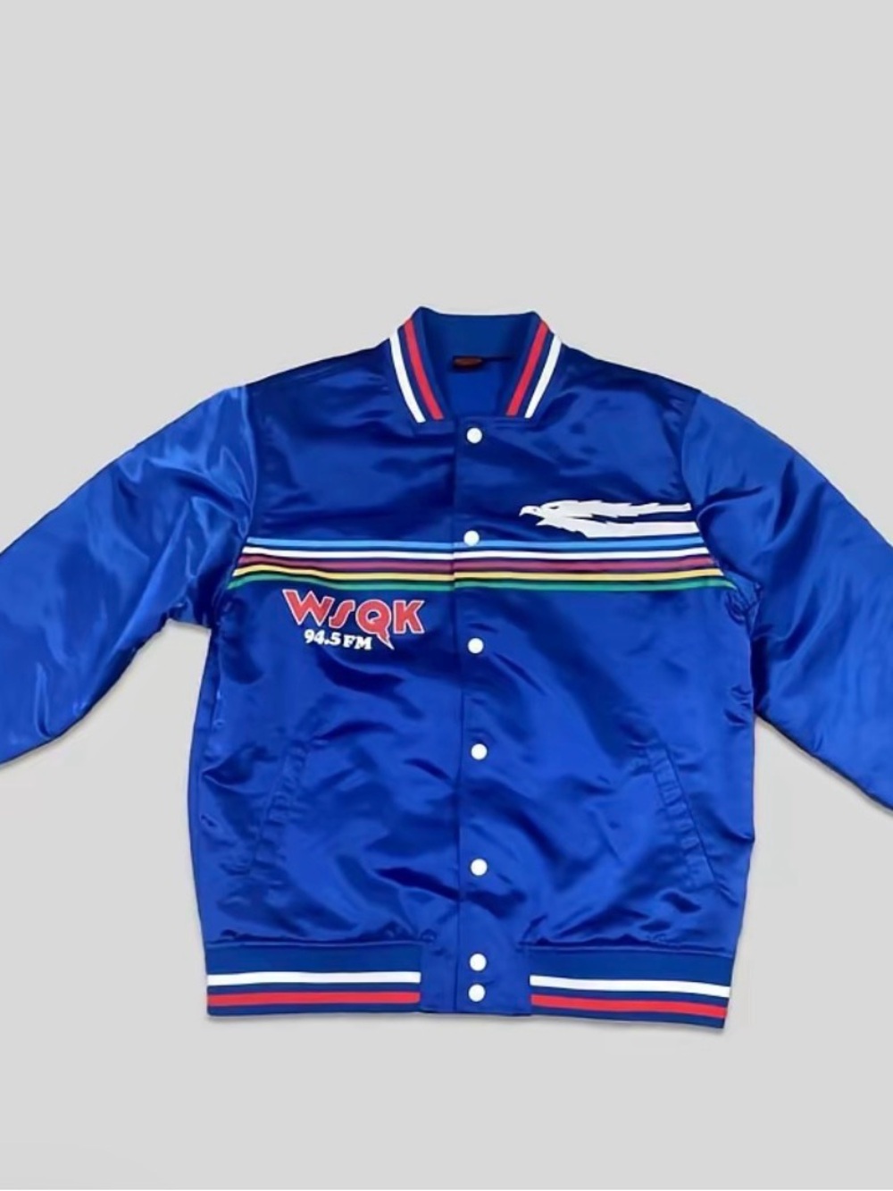 Blue WSQK 94.5 FM Satin Bomber Jacket for Men